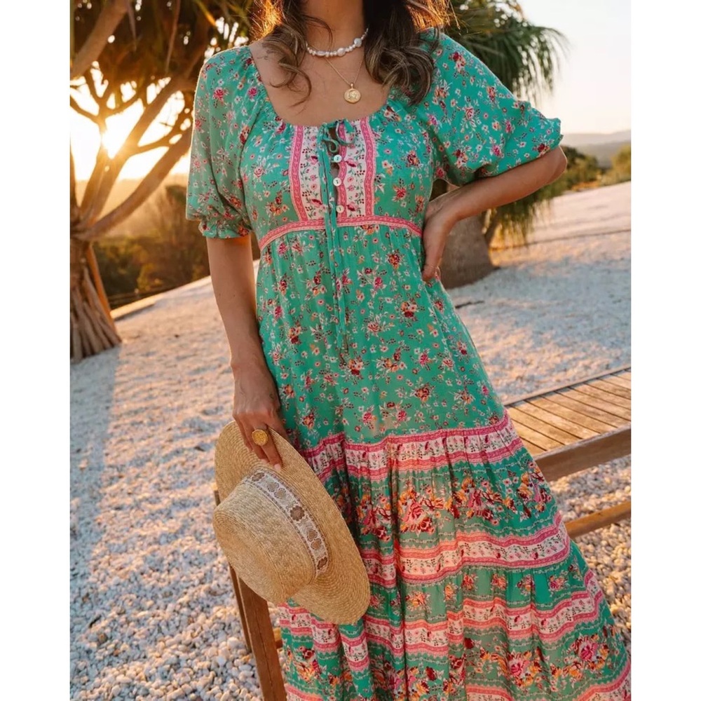 SOLD OUT Turquoise Floral Boho Off Shoulder Dress - Picture 2 of 7